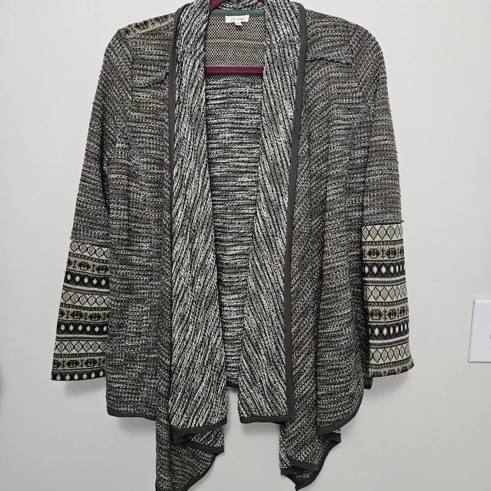 En Creme Small Duster Cardigan Sweater Gray Long Sleeve Open Front SW/Fair Isle